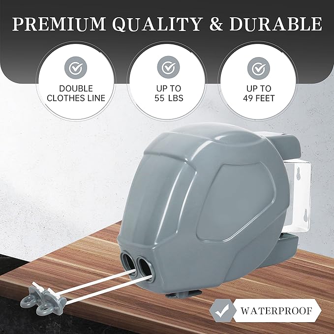 Retractable Clothesline Heavy Duty Retracting Clothes Line Outdoor and Indoor with Durable ABS Shell and 2x49 Feet Extruded PVC Line,with Lock to Prevent Sagging