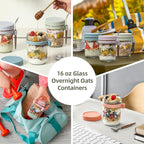 6 Pack Overnight Oats Containers with Lids and Spoons, 16 oz Glass Mason Overnight Oats Jars, Large Capacity Airtight Jars for Milk, Cereal, Fruit