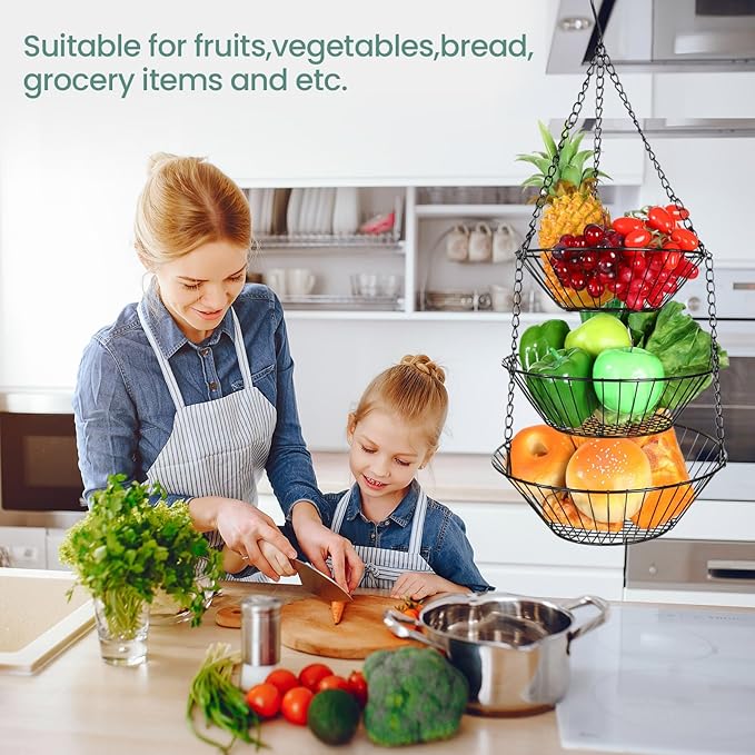 Maxdot 2 Pack 3-tier Hanging Fruit Basket with Sturdy Metal Chain Hanging Wall Fruit Basket for Kitchen Heavy Duty Wire Storage for Potatoes, Onions, Oranges, Bananas, Limes, Lemons