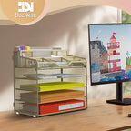 Docnest 5 Tier Mesh Desk Organizer for Paper Office Supplies – Multi-Functional Letter Tray with 5 Adjustable Compartments, 3 Pen Holders, Desktop Storage for Files, Mail, Stationery – Gold