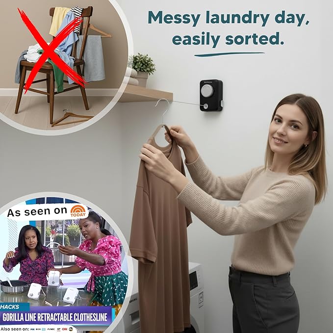 GorillaLine Max – Retractable Clothesline Indoor Outdoor, Non-Sagging Heavy Duty Clothes Drying Line, Wall Mounted Drying Rack, Air Dry Clothing, Max Tighten with GorillaGrip