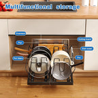 2 Pack Pots and Pans Organizer Under Cabinet, 21.6" Deep Pull Out Pot Lid Organizer Holder with Guardrail Adhesive Pot and Pan Holder Rack with 10 Adjustable Dividers(Black)
