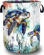 Funny Ocean Sea Turtle Laundry Basket Oxford Cloth Cute Turtles Laundry Hamper With Handle Foldable Portable Clothes Storage Basket Ocean Laundry Bag 18.9"x16.5" For Laundry Room/Bedroom/Bathrooms