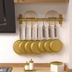 Dseap Kitchen Utensil Holder Hanger, Pot and Pan Rack Wall Mounted, Kitchen Rail with 8 Hooks for Hanging Cooking Utensils, Mugs, Spoons, Wall Mounted, Gold, Pack of 2