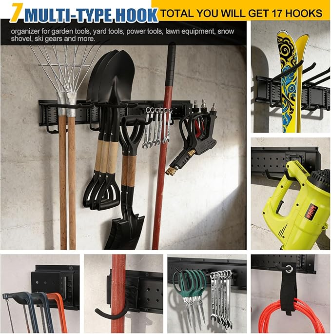 21Pack Garage Tool Organizer Wall Mount 66'', 750lbs Heavy Duty Storage Hook Rack with 17 Adjustable Hooks, Yard Tool Hanger for Shovel Rake Ladder Garden Tool, Easy Assembly Garage Wall Organization