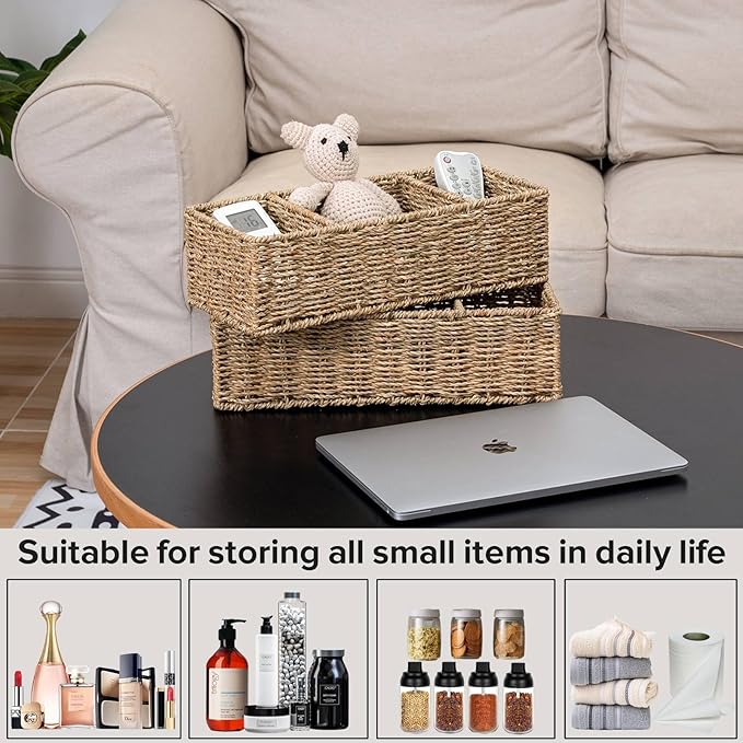 Wicker Toilet Basket Tank Topper Wicker Small Baskets, Wicker Storage Basket Toilet Paper Basket for Toilet Tank Top Seagrass Storage Basket, Bathroom Basket for Shelves with 3-Section, 2 Pack