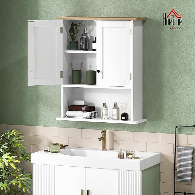 HOMCOM Bathroom Wall Cabinet, Modern Bathroom Cabinet Wall Mounted Medicine Cabinet with 2 Doors, Adjustable Shelf, Over the Toilet, White