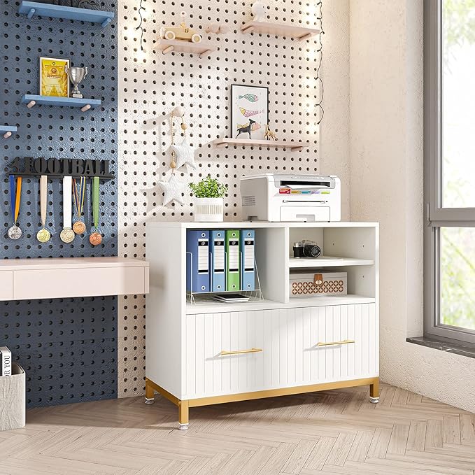 Tribesigns Lateral File Cabinet with Drawer, White Filing Cabinet for Letter/Legal/A4 Size Files, 35.4" Modern Wood File Storage Cabinets Printer Stand with Storage for Home, Office, White Gold