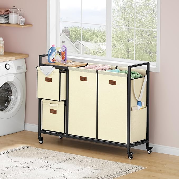 Hoctieon 4 Section Laundry Cart, 48 Gal. (182L) Laundry Hamper with Lid, Laundry Basket with Wheels, Rolling Laundry Sorter Organizer with Shelf, Clothes Separator with Removable Bags, Beige