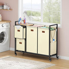 Hoctieon 4 Section Laundry Cart, 48 Gal. (182L) Laundry Hamper with Lid, Laundry Basket with Wheels, Rolling Laundry Sorter Organizer with Shelf, Clothes Separator with Removable Bags, Beige