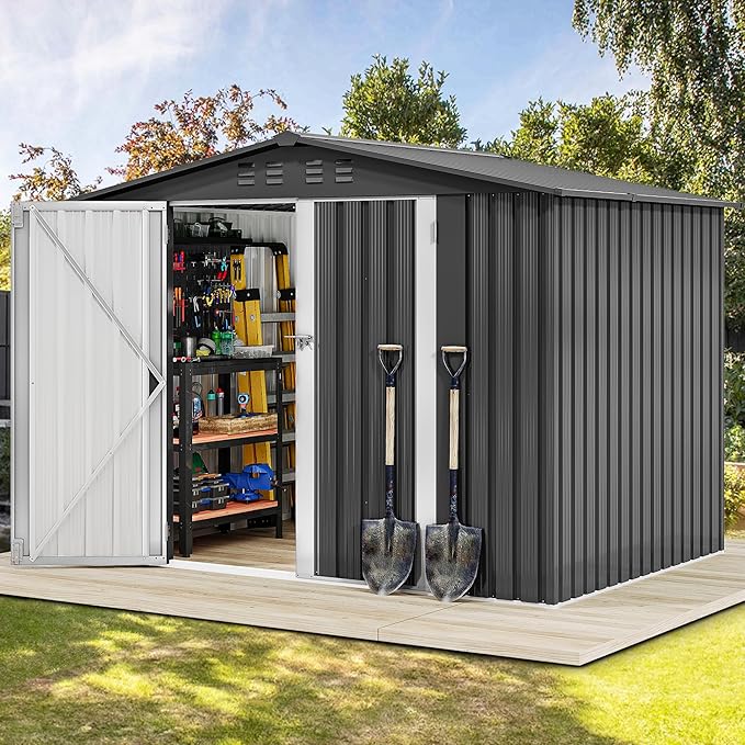DWVO 7x5FT Outdoor Storage Shed, Roomy Steel Tool Shed with Secure Entrances & Air Circulation for Patio, Lawn, and Backyard, Ideal for Storing Garden Gear, Lawn Tools, and Bikes, Dark Gray