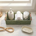 Back of Toilet Basket with Wood Handles, Green Wicker Toilet Paper Basket for Toilet Tank Top, Narrow Toilet Tank Basket, Bathroom Basket Organizer for Wipes & Essentials