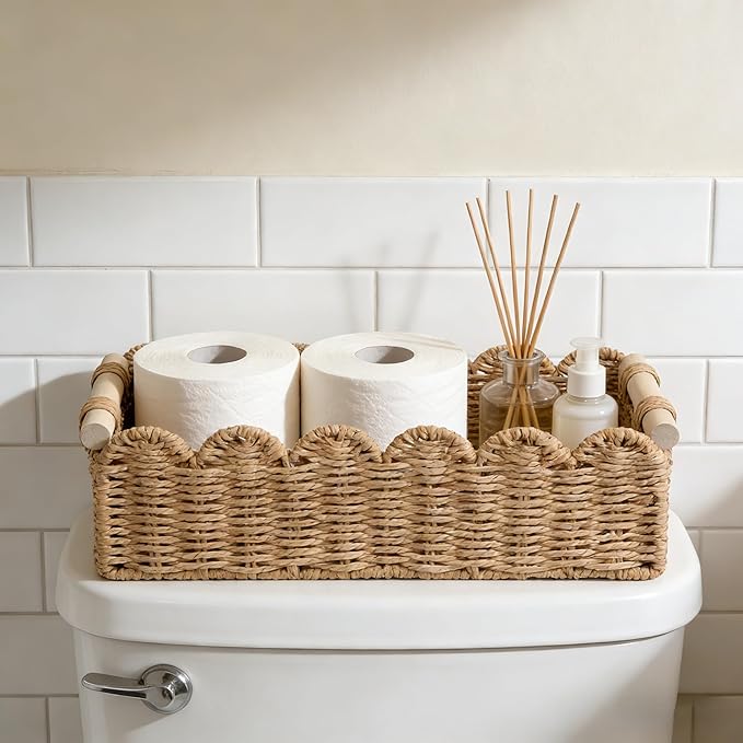 Scalloped Edge Bathroom Counter Organizer Basket with Wooden Handles, Khaki Paper Rope Toilet Tank Top Basket, Toilet Paper Storage Basket for Vanity, Shelves – 14" x 6.3" x 3.9"