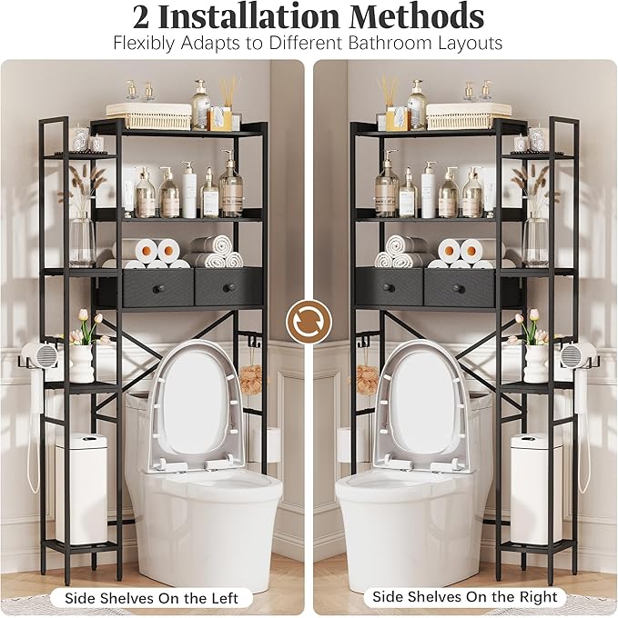 Over The Toilet Storage Shelf with Drawer, 7-Tier Above Toilet Bathroom Organizer with Adjustable Side Shelves, Space Saver Freestanding Rack with Holder & Hook for Laundry Kitchen (Black)