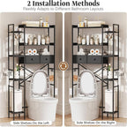 Over The Toilet Storage Shelf with Drawer, 7-Tier Above Toilet Bathroom Organizer with Adjustable Side Shelves, Space Saver Freestanding Rack with Holder & Hook for Laundry Kitchen (Black)
