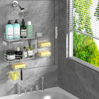 Over the Shower Head Caddy - 2-Tier Shower Caddy Hanging with 2 Movable Soap Holder, Stainless Steel Hanging Bath Organizer with High Guardrail for Bathroom, Silver