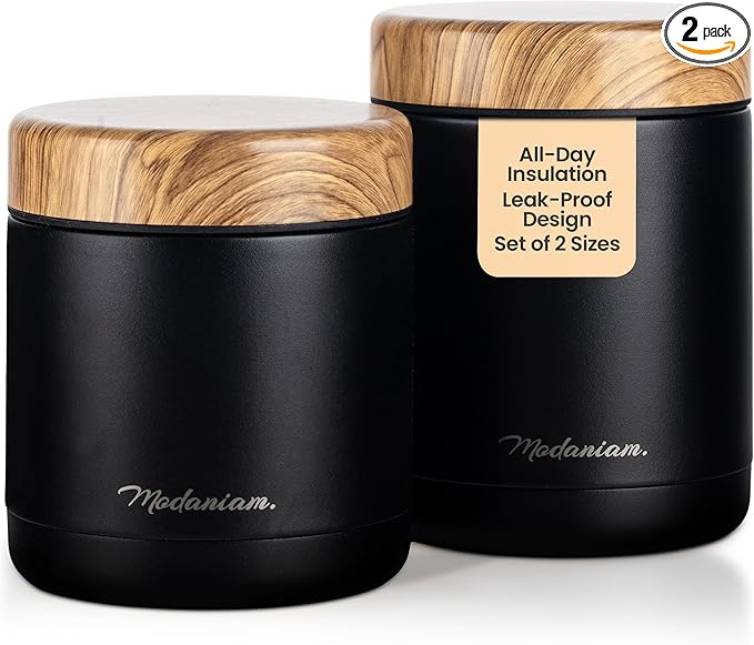 Stainless Steel Insulated Food Jar Set of 2 (16oz + 12oz), Wide Mouth, Soup Thermo for Hot Food, Lunch Container, Insulated Soup Bowl, Hot and Cold Insulated Lunch Box For Adults, Black