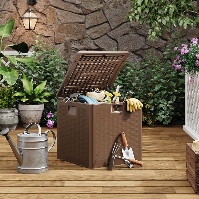 Garvee 28 gal Outdoor Storage Box with Lid, Weather-Resistant Plastic Deck Box, Lockable Outdoor Storage Bin for Patio Furniture, Gardening Tools and Accessories, Brown