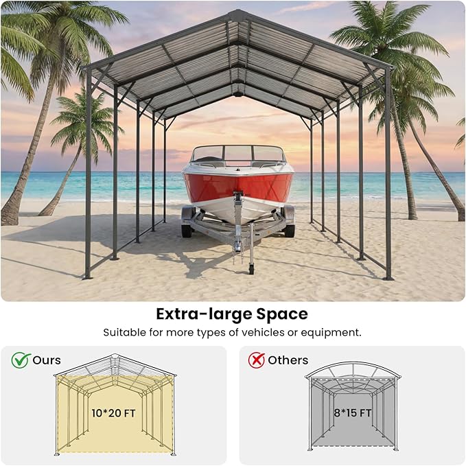 SUNBURY 10 x 20 ft Metal Carport Kits with Galvanized Steel Roof, Heavy Duty Metal Carports Canopy, Outdoor Garage Car Shelter Shade for Pickup, Boat, Car and Tractors, Gray