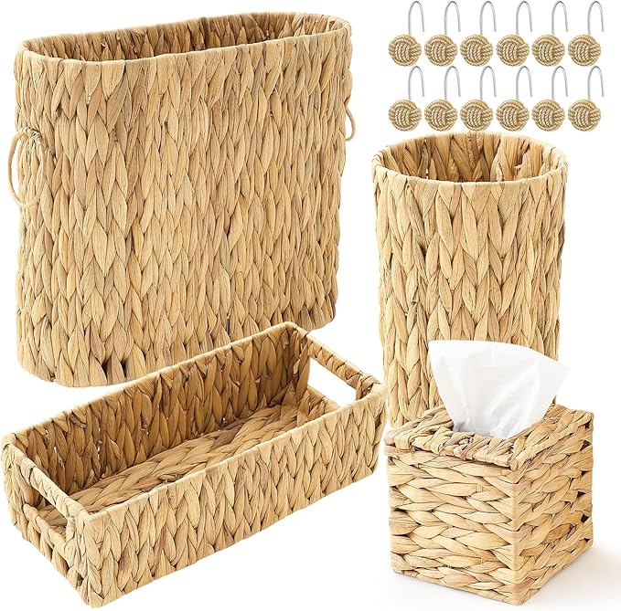 Remerry 16 Pcs Wicker Bathroom Set Toilet Paper Storage, Wicker Tissues Box Holder, Toilet Tank Basket, 2 Gallon Round Trash Can, Shower Curtain Hook, Handwoven Waste Basket for Bedroom, Kitchen, Home