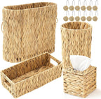 Remerry 16 Pcs Wicker Bathroom Set Toilet Paper Storage, Wicker Tissues Box Holder, Toilet Tank Basket, 2 Gallon Round Trash Can, Shower Curtain Hook, Handwoven Waste Basket for Bedroom, Kitchen, Home