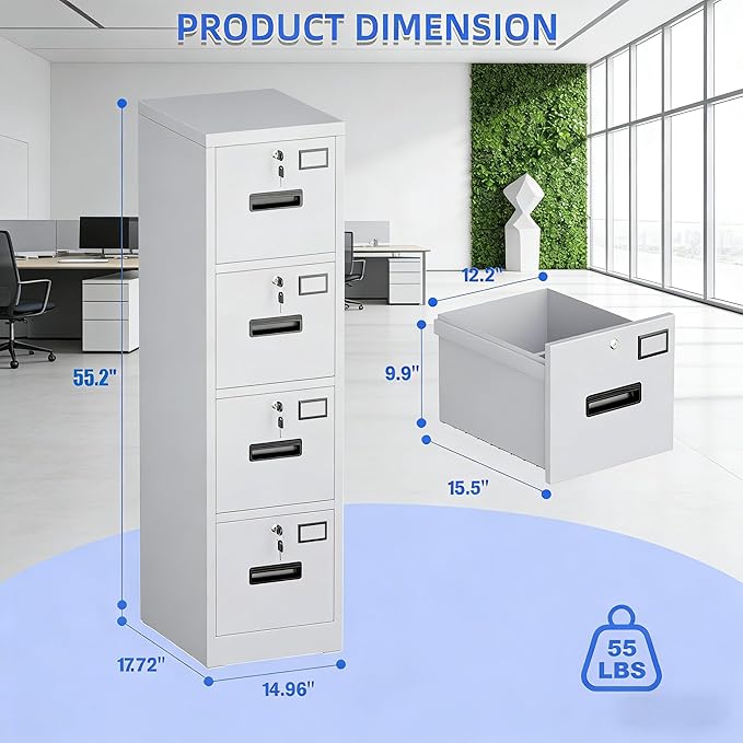SUXXAN 4 Drawer File Cabinet, Metal Vertical File Storage Cabinet with Lock, Office Home Steel File Cabinet for A4 Letter/Legal Size, Assembly Required