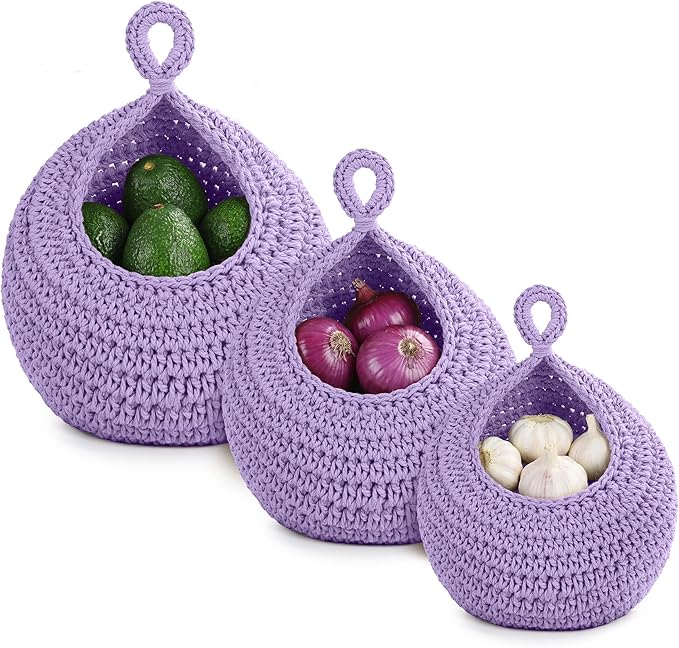Hanging Storage Baskets Boho Decor Set of 3, Handmade Cotton Rope Wall-Mounted Fruit & Vegetable Baskets, Decorative Hanging Organizers for Kitchen, Entryway, Bathroom & Bedroom