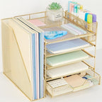 Desk Organizer, 5-Tier Paper Letter Tray Organizer with File Holder, Drawer and Pen Holder, Desktop Organizer for Office Supplies, Gold