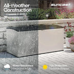 Suncast 160-Gal. Resin Extra-Large Outdoor Patio Deck Box with Pad-Lockable Lid, Modern Reeded Outdoor Patio Bench/Storage Box for Cushions, Garden Tools, and More, Iron Ore/French Gray