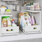 Under Sink Organizer Upgrade To Professional Rails,2-Tier Dual Pull Out Cabinet Storage,Height Adjustable Slide Out Drawers For Bathroom Kitchen,2 Pack-16.7"Dx12.8"-16.9"H,White