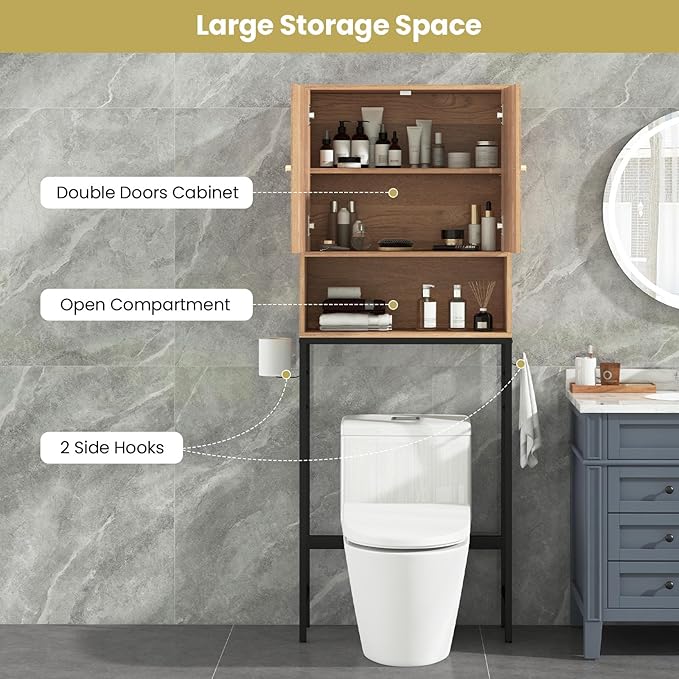 Giantex Over The Toilet Storage Cabinet, Bathroom Space Saver W/Toilet Paper Holder & Hook, Adjustable Shelf & Bottom Bar, Open Storage Cube, Over Toilet Bathroom Organizer for Laundry, Restroom