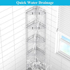 5 Tier Floor Standing Corner Shower Caddy Organizer Shelf with Hooks, Bathroom Shelves Stand Rack, Silver