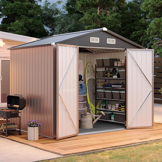 Aoxun 8x6FT Shed with Floor Galvanized Steel Outdoor Storage Shed Metal Garden Shed with Double Doors, Moisture-Proof Floor & Ventilation, Sloped Roof for Bike/Generator/Tool Storage (Brown)