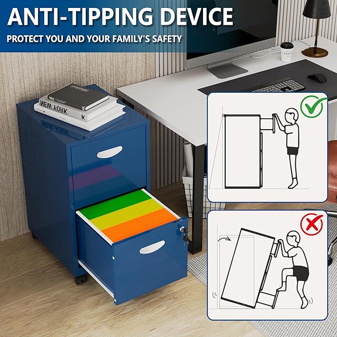2 Drawer File Cabinet with Lock, Small Rolling Filing Cabinet for Home Office, Metal Mobile File Cabinets on Wheels, Blue Office Cabinets for Letter Size Folders - Assembly Required