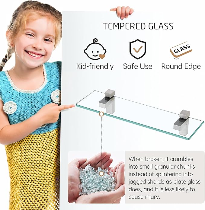 KES Glass Shelf for Bathroom, 24 Inch Bathroom Shelf with Tempered Glass and Polished Chrome Bracket Wall Mounted 2 Pack, BGS3201S60-P2