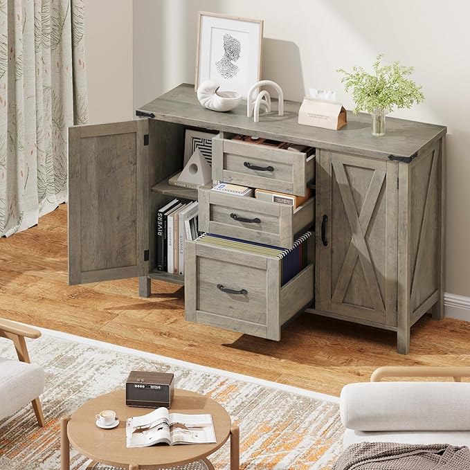 3 Drawer File Cabinet, Farmhouse Lateral Filing Cabinet with Doors Fits Files Letter or A4 Size, Wooden Printer Stand with Open Storage Adjustable Shelf for Home Office, Rustic Grey