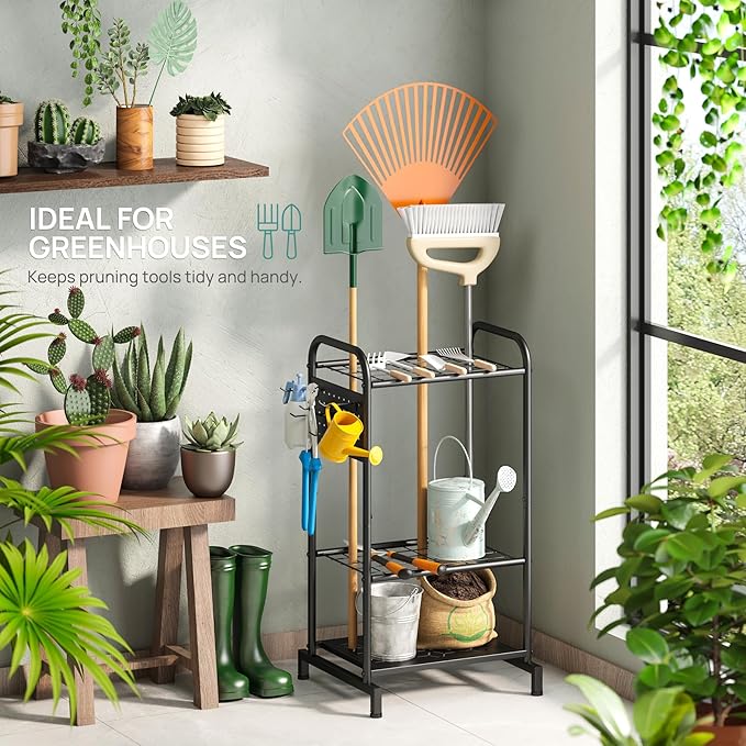 Garden Tool Organizer, Garden Tool Rack and Storage, Up to 35 Long-Handled Tools/Rakes/Brooms, Heavy Duty Steel Stand for Yard, Shed, Outdoor, Black