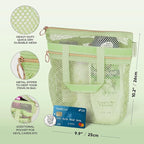 Mesh Shower Bag 10.2x9.9'' Quick-Dry Caddy with Zipper & 2 Pockets. Portable Toiletry Tote for Bathroom, Gym, Travel, Camp, Beach, for Sunscreen, Dorm & College Essentials (Light Green)