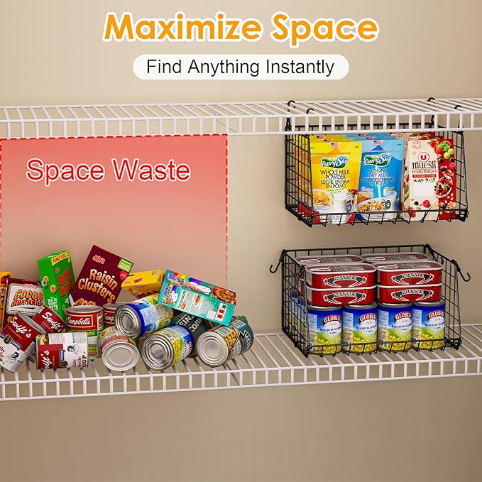 3-Pack Under Shelf Hanging Baskets - Space Saving Pantry Shelf Organizer with 360° Rotating Hooks for Kitchen Storage, Foldable Small Space Solutions for Pantry Utility Closet Garage, Black