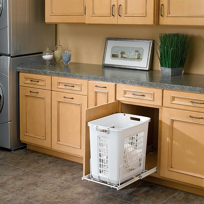 Rev-A-Shelf Pullout 20" Deep Cabinet Floor Steel Mounted Polymer Plastic Clothes Laundry Hamper with Full Extension Slides, White, HPRV-1520 S - Hidden Storage Organizer for Laundry Room and Bathroom