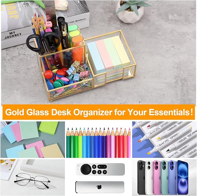 Desk Organizer with 3-Compartments,Glass Small Desk Organizer for Pens Pencils Business Cards Sticky Notes Paper Clips,Gold Stylish Pen Holder for Desk Home Office Decor