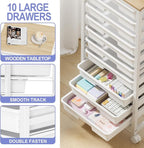 Rolling Cart with Drawers,10 Drawer Rolling Cart,Storage Cart with Wheels,Utility Cart with Drawers,Teacher Cart for Classroom Storage,Craft Cart with Wheels and Wooden Tabletop,White