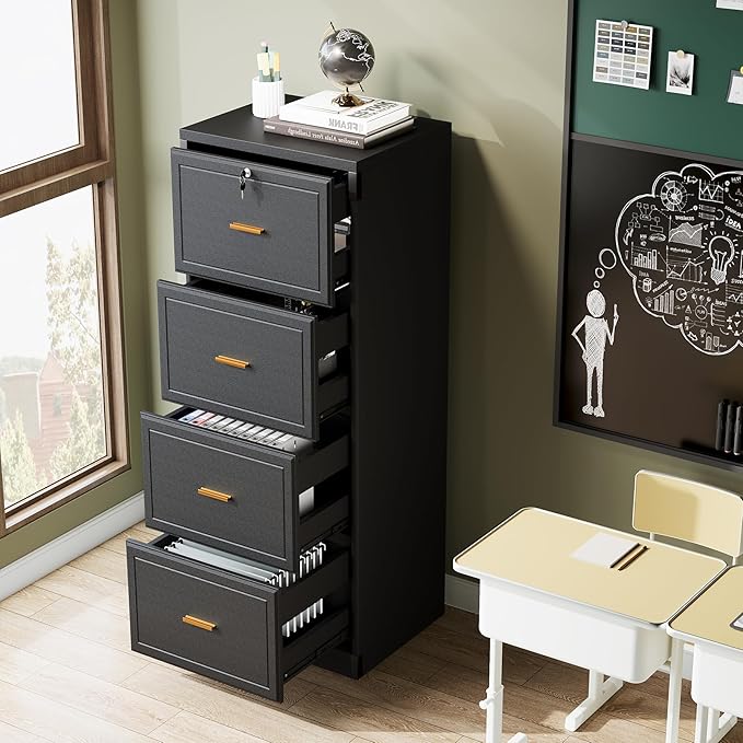 Tribesigns 4-Drawer File Cabinet with Lock, Locked File Cabinet with Key, Tall Wooden Filing Cabinets for Home Office, Vertical Office Storage for Legal Size/Letter/A4/Files, Black (2 Pieces)