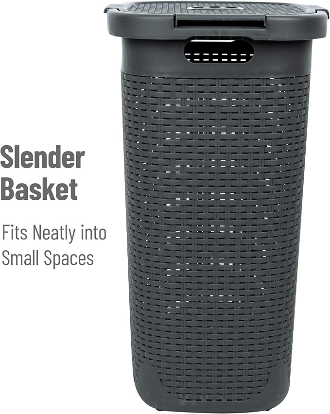 Mind Reader 60L Slim Laundry Hamper, Clothes Basket, Lid, Wicker Style, Plastic, 17.65"L x 13.75"W x 24.15"H, Set of 2, Gray