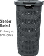 Mind Reader 60L Slim Laundry Hamper, Clothes Basket, Lid, Wicker Style, Plastic, 17.65"L x 13.75"W x 24.15"H, Set of 2, Gray