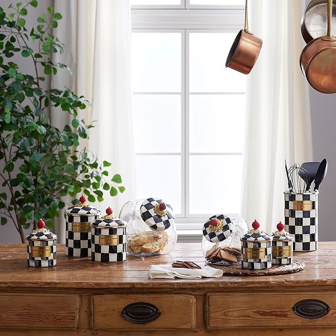 MACKENZIE-CHILDS Cookie Jar with Enamel Lid, Large Glass Treat Jar or Kitchen Jar, 1-Gallon Capacity, Black-and-White Courtly Check