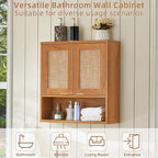 LEYAOYAO Rattan Bathroom Wall Cabinet, Boho Medicine Cabinet with Adjustable Shelf & Doors, Over The Toilet Storage Cabinets Organizer for Laundry Room, Kitchen, Living Room, Tea Brown