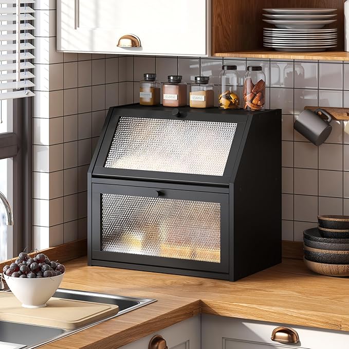 Bread Box for Kitchen Countertop Bin Double Layer Bread Box Storage Container Extra Large Capacity with Diamond Pattern Windows (Black, Extra Large)