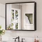 Keonjinn Medicine Cabinet Mirror 30" x 26", Assembly Needed, Black Bathroom Mirror with Storage, Beveled Aluminum Frame, Stepless Adjustable Shelves, Surface Mount or in Wall