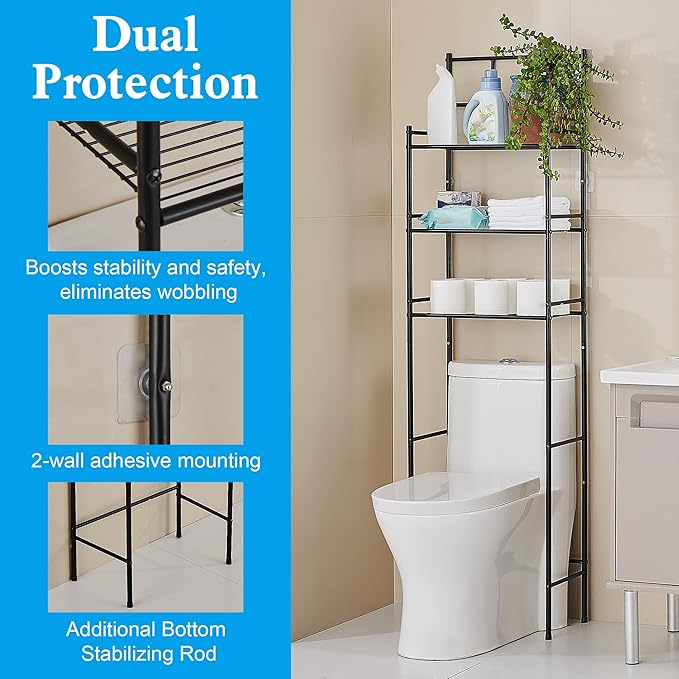Hoomtaook 3-Tier Over The Toilet Storage Rack - Metal Over Toilet Bathroom Organizer Shelf, Freestanding Over Toilet Bathroom Organizer for Bathroom, Laundry, Black